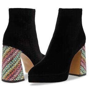 New Betsey Johnson Black Suede Ankle Boots Rhinestone Multicolor Heel Size 9.5
